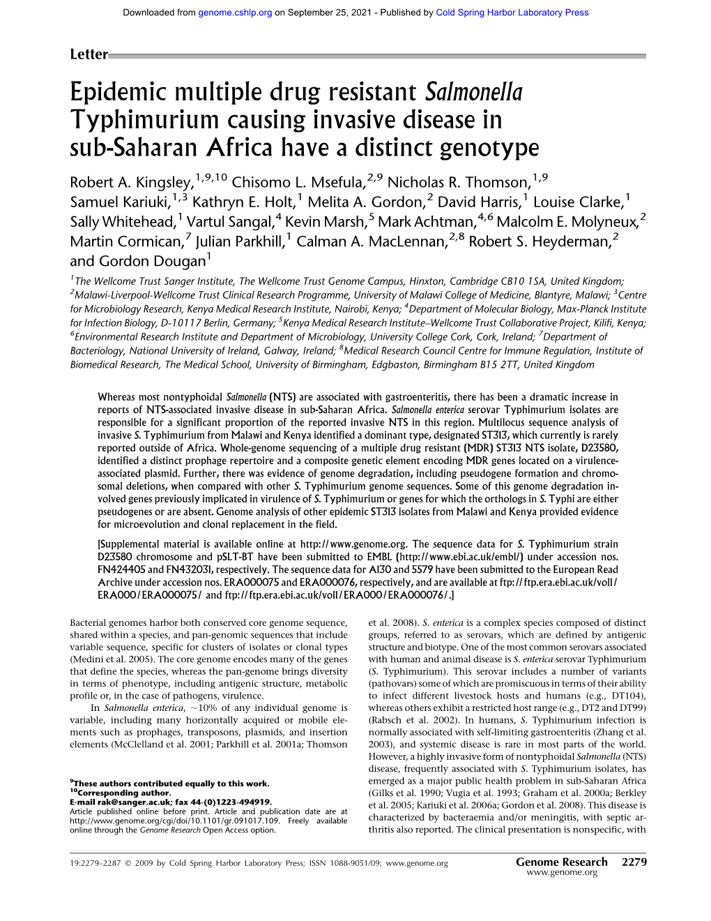 Epidemic Multiple Drug Resistant Salmonella Typhimurium Causing Invasive Disease in Sub-Saharan Africa Have a Distinct Genotype
