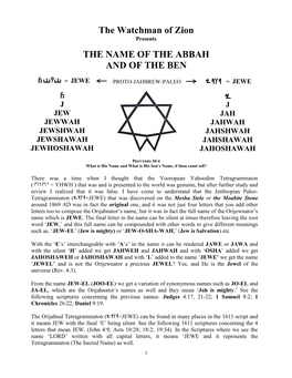 The Watchman of Zion the NAME of the ABBAH