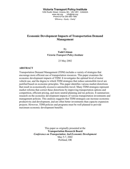 TDM and Economic Development Todd Litman, Victoria Transport Policy Institute