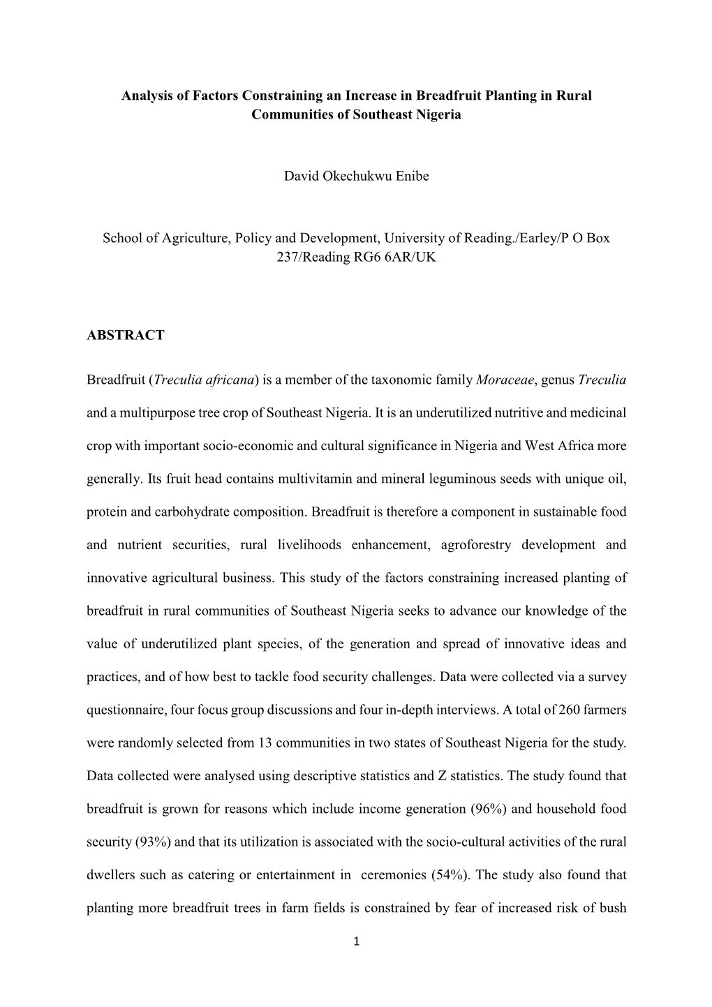 Analysis of Factors Constraining an Increase in Breadfruit Planting in Rural Communities of Southeast Nigeria