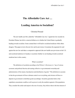 The Affordable Care Act … Leading America to Socialism?
