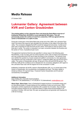 Media Release Lukmanier Gallery: Agreement Between KVR And