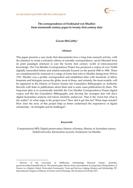 The Correspondence of Ferdinand Von Mueller: from Nineteenth Century Paper to Twenty First Century Data