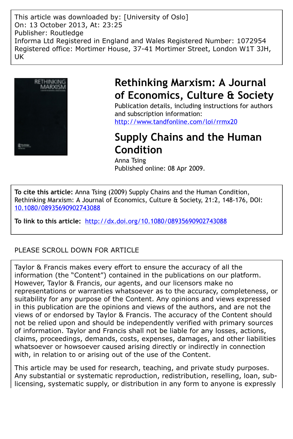 Anna Tsing, Supply Chains and the Human Condition