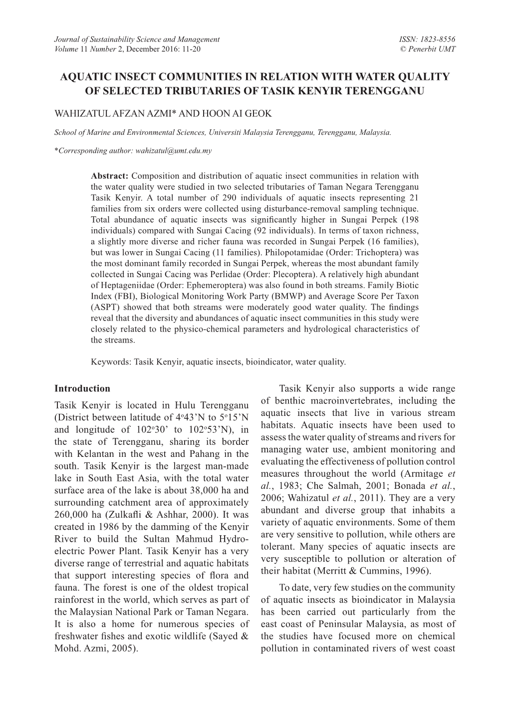 Aquatic Insect Communities in Relation with Water Quality of Selected Tributaries of Tasik Kenyir Terengganu