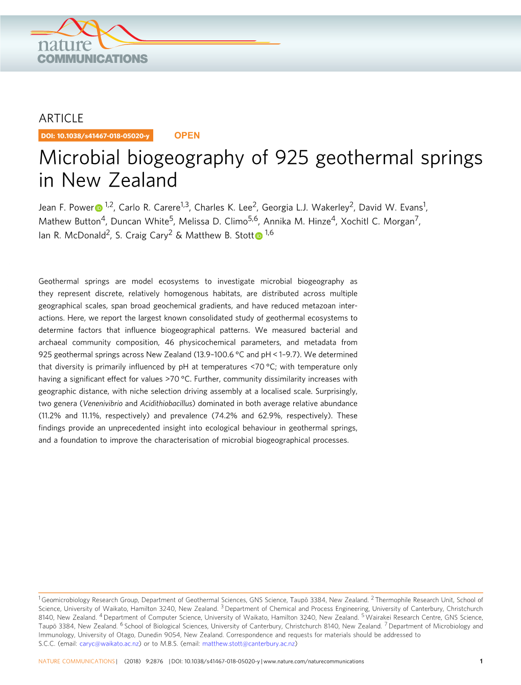 Microbial Biogeography of 925 Geothermal Springs in New Zealand