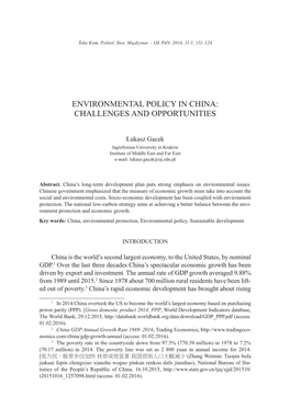 Environmental Policy in China: Challenges and Opportunities