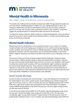 Mental Health in Minnesota DATA BRIEF: 2016 CSTE MENTAL HEALTH INDICATORS