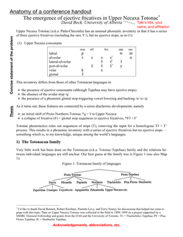 The Emergence of Ejective Fricatives in Upper Necaxa Totonac* Anatomy of a Conference Handout