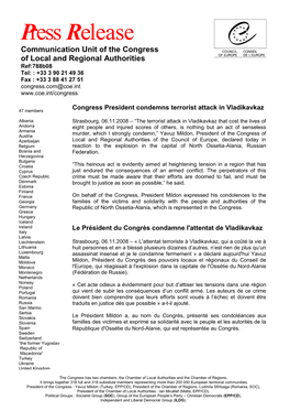 Congress President Condemns Terrorist Attack in Vladikavkaz