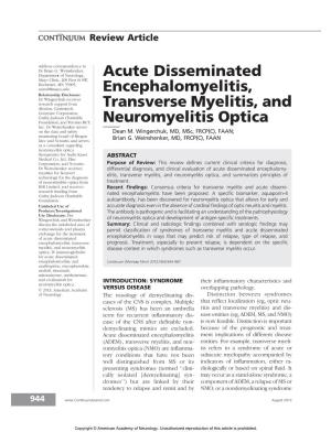 Acute Disseminated Encephalomyelitis, Transverse Myelitis, and Neuromyelitis Optica
