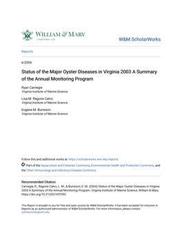 Status of the Major Oyster Diseases in Virginia 2003 a Summary of the Annual Monitoring Program