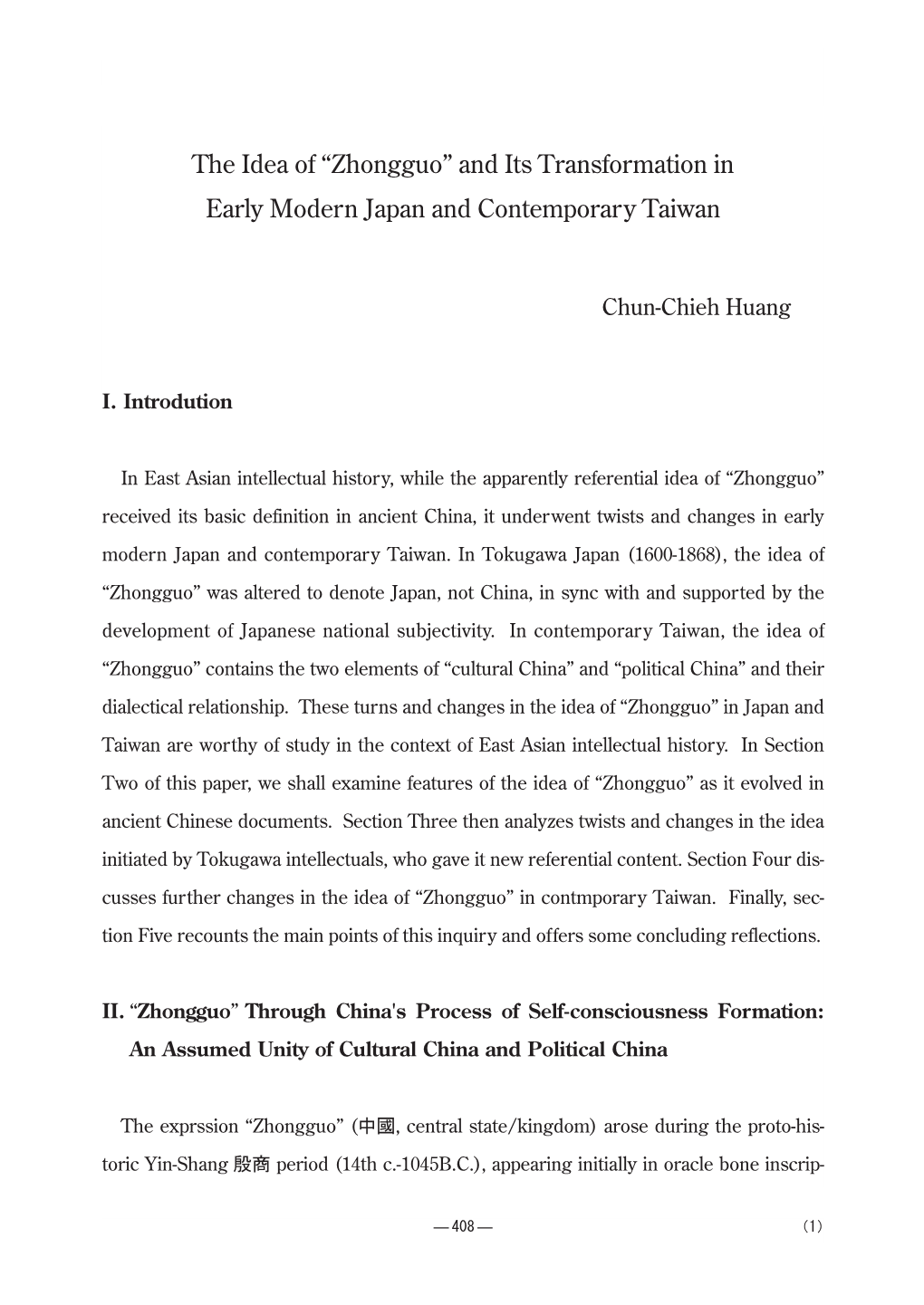 The Idea of “Zhongguo” and Its Transformation in Early Modern Japan and Contemporary Taiwan