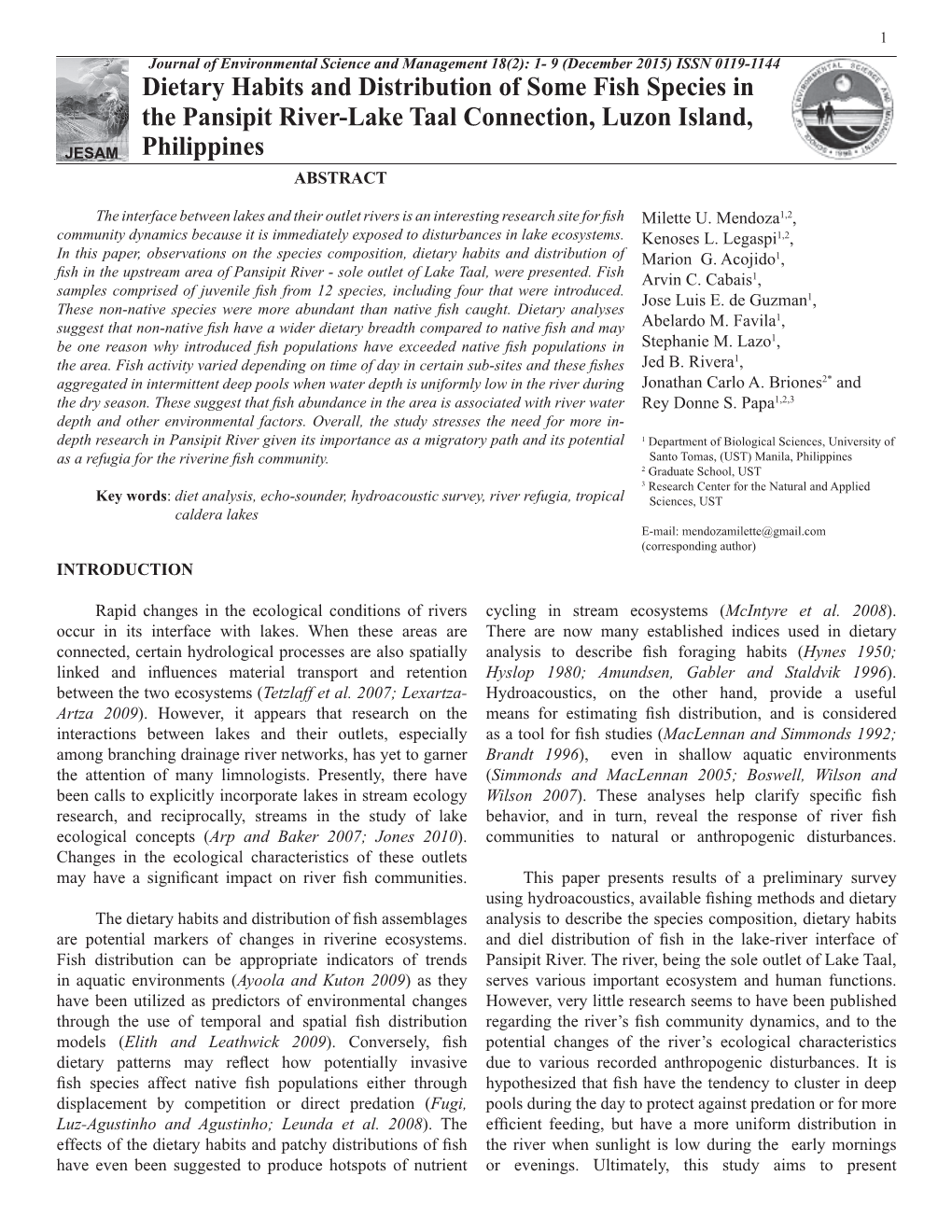 Dietary Habits and Distribution of Some Fish Species in the Pansipit River-Lake Taal Connection, Luzon Island, JESAM Philippines ABSTRACT
