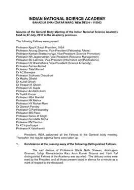 Indian National Science Academy Bahadur Shah Zafar Marg, New Delhi - 110002