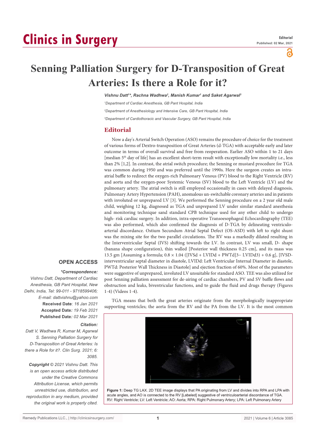 Senning Palliation Surgery for D-Transposition of Great Arteries: Is There a Role for It?