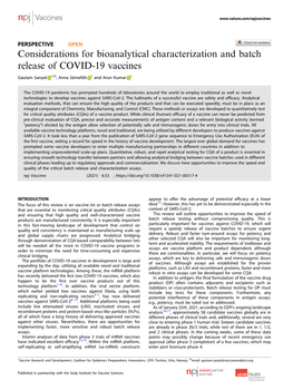 Considerations for Bioanalytical Characterization and Batch Release of COVID-19 Vaccines ✉ Gautam Sanyal 1 , Anna Särnefält 1 and Arun Kumar 1