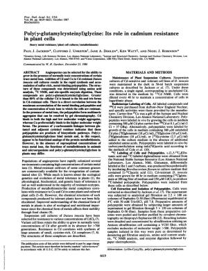 Glycine: Its Role in Cadmium Resistance in Plant Cells (Heavy Metal Resistance/Plant Cell Cultures/Metaothionein) PAUL J