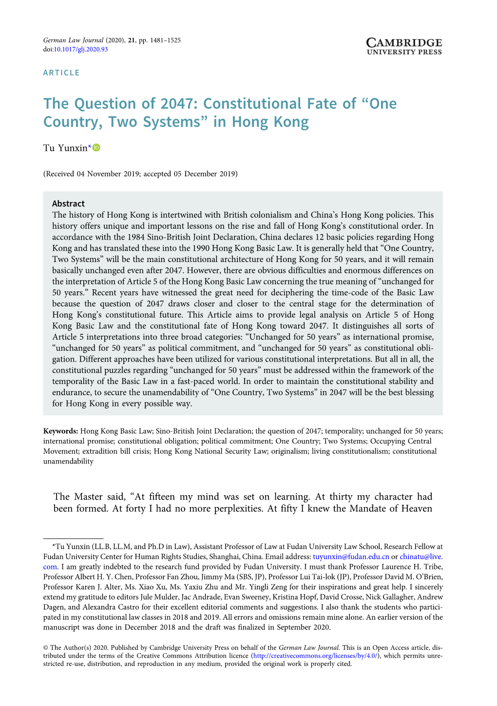 Constitutional Fate of ``One Country, Two Systems'' in Hong Kong