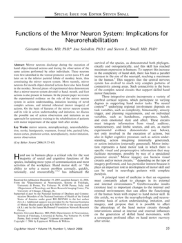 Functions of the Mirror Neuron System: Implications for Neurorehabilitation Giovanni Buccino, MD, Phd,* Ana Solodkin, Phd,W and Steven L