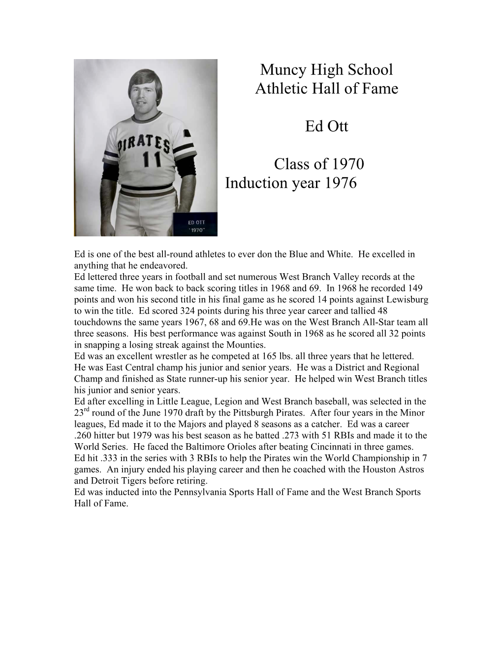 Muncy High School Athletic Hall of Fame Ed Ott Class of 1970