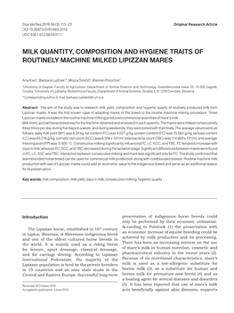 Milk Quantity, Composition and Hygiene Traits of Routinely Machine Milked Lipizzan Mares