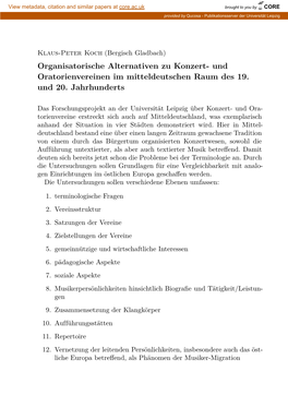 Organisatorische Alternativen Zu Konzert- Und Oratorienvereinen Im Mitteldeutschen Raum Des 19