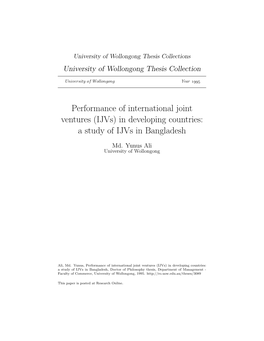 Performance of International Joint Ventures (Ijvs) in Developing Countries: a Study of Ijvs in Bangladesh