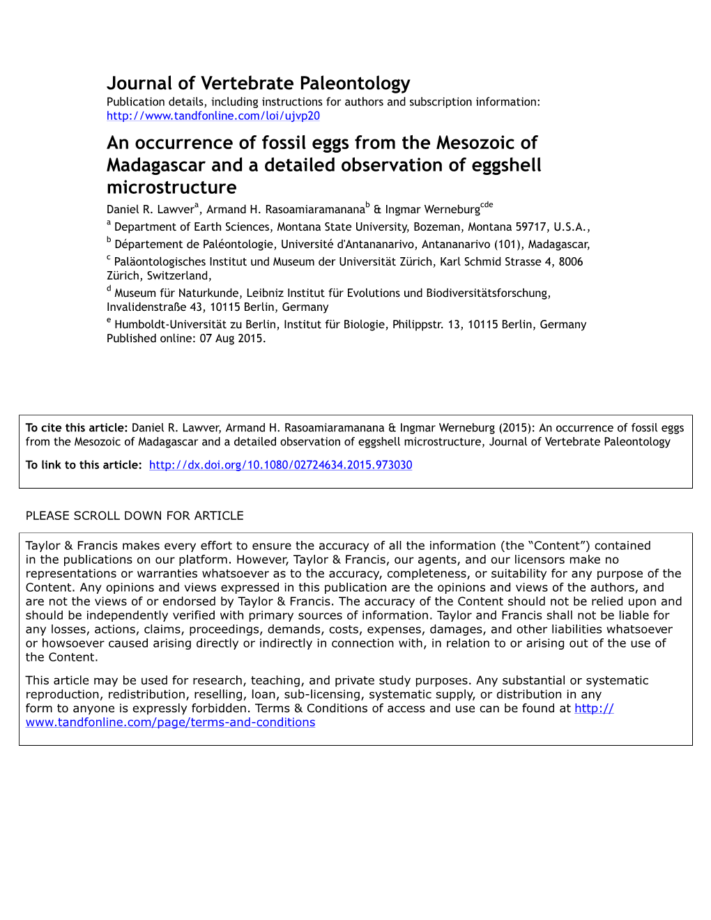 An Occurrence of Fossil Eggs from the Mesozoic of Madagascar and a Detailed Observation of Eggshell Microstructure Daniel R