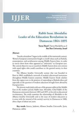Rabbi Isaac Aboulafia: Leader of the Education Revolution in Damascus 1864-1895