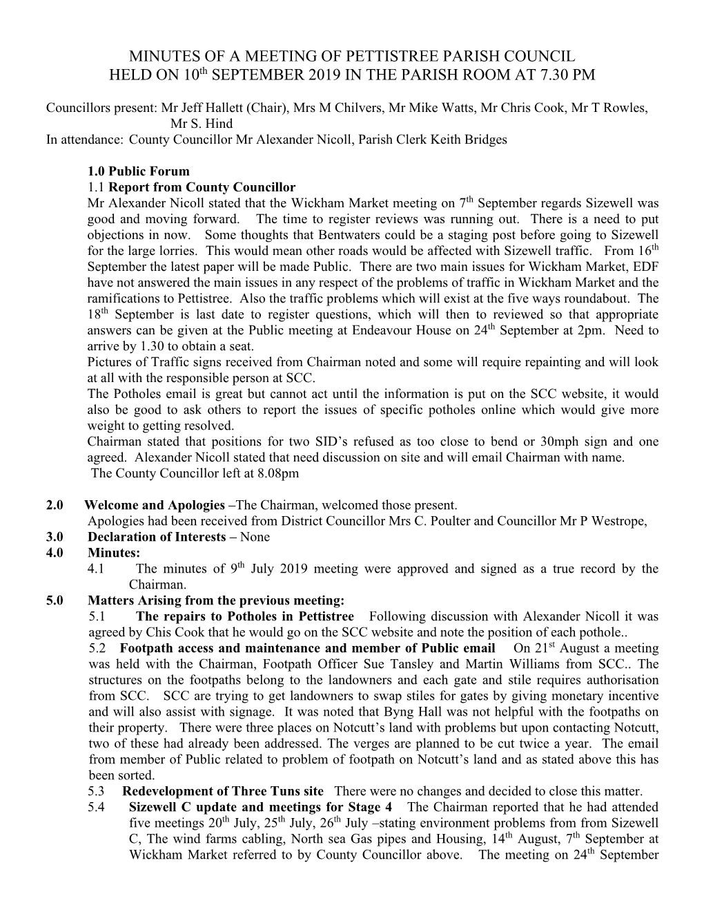 MINUTES of a MEETING of PETTISTREE PARISH COUNCIL HELD on 10Th SEPTEMBER 2019 in the PARISH ROOM at 7.30 PM