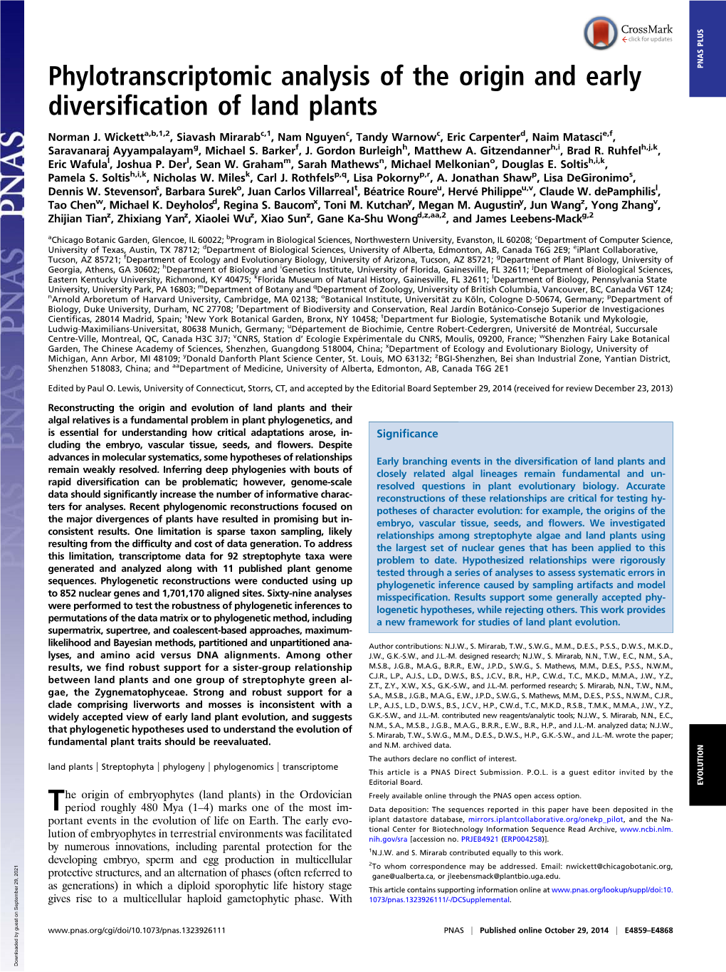 Phylotranscriptomic Analysis of the Origin and Early PNAS PLUS Diversification of Land Plants