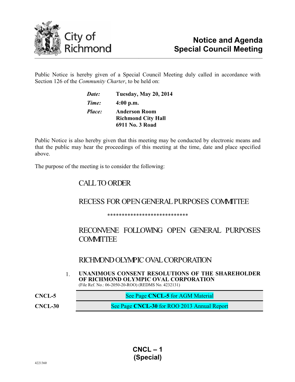 Notice and Agenda Special Council Meeting CALL to ORDER