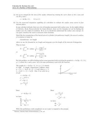 Calculus II, Section 8.2, #4 Area of a Surface of Revolution (A) Set up An