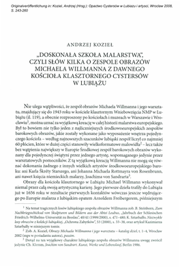 „Doskonała Szkoła Malarstwa", Czyli Słów Kilka O Zespole Obrazów Michaela Willmanna Z Dawnego Kościoła Klasztornego Cystersów W Lubiążu