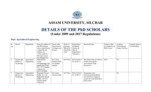 DETAILS of the Phd SCHOLARS (Under 2009 and 2017 Regulations)