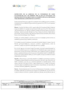 Instrucción De La Gerencia De La Universidad De Cadiz Uca/I07ger/2021, De 9 De Febrero, Por La Que Se Actualizan Las Medidas Pr