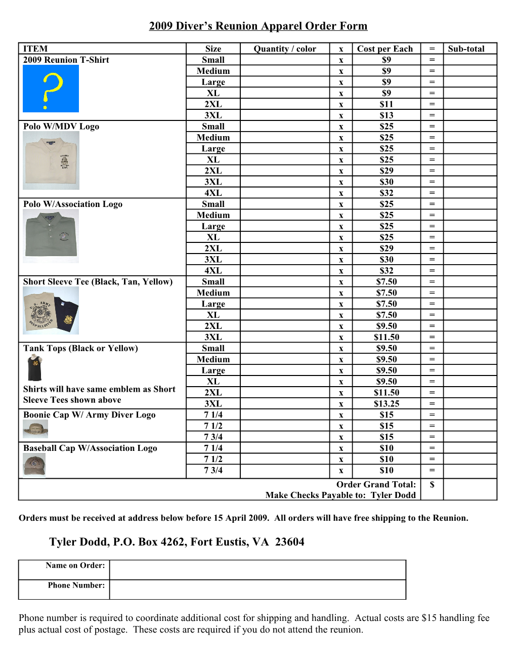 2009 Diver S Reunion Apparell Order Form