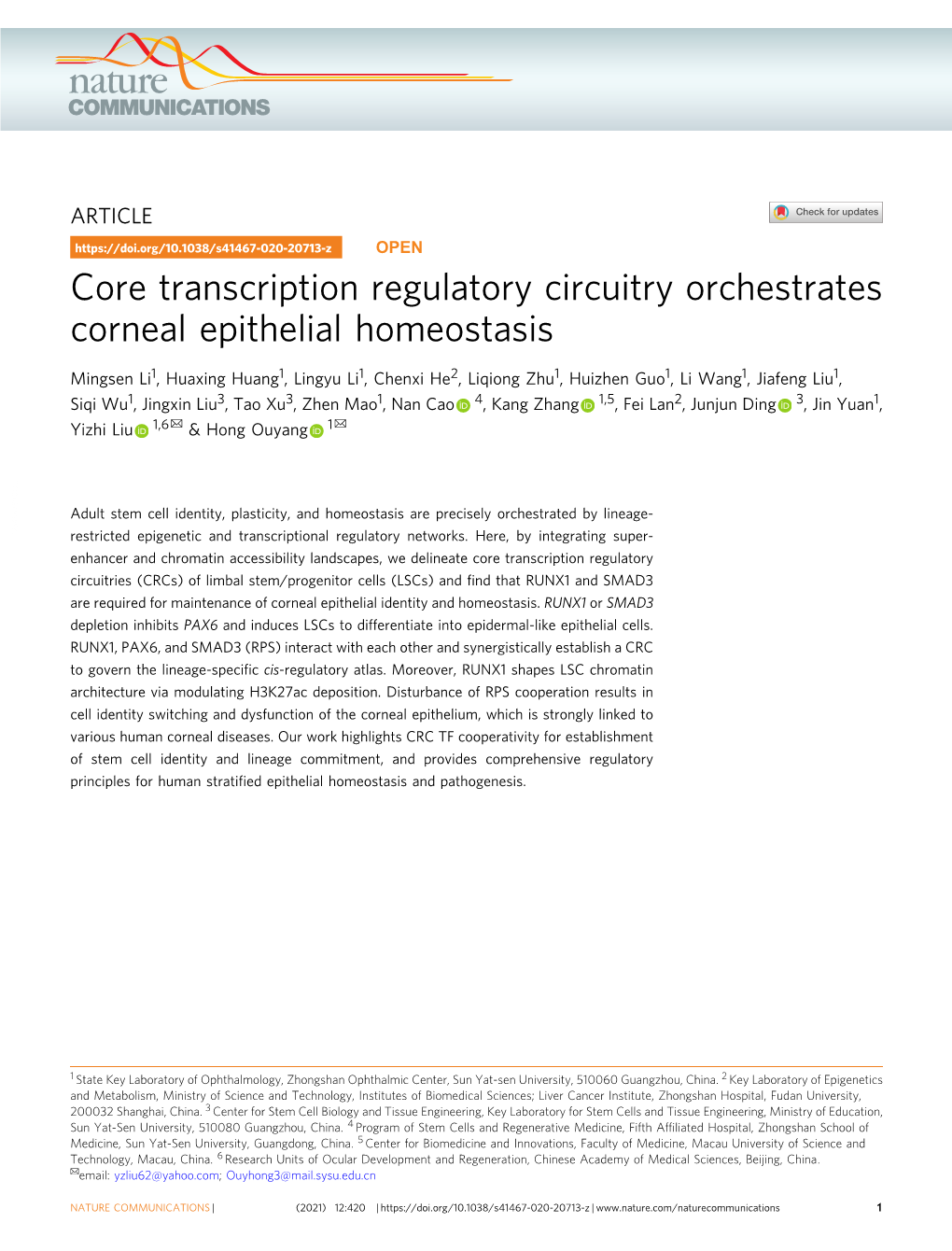 Core Transcription Regulatory Circuitry Orchestrates Corneal Epithelial Homeostasis