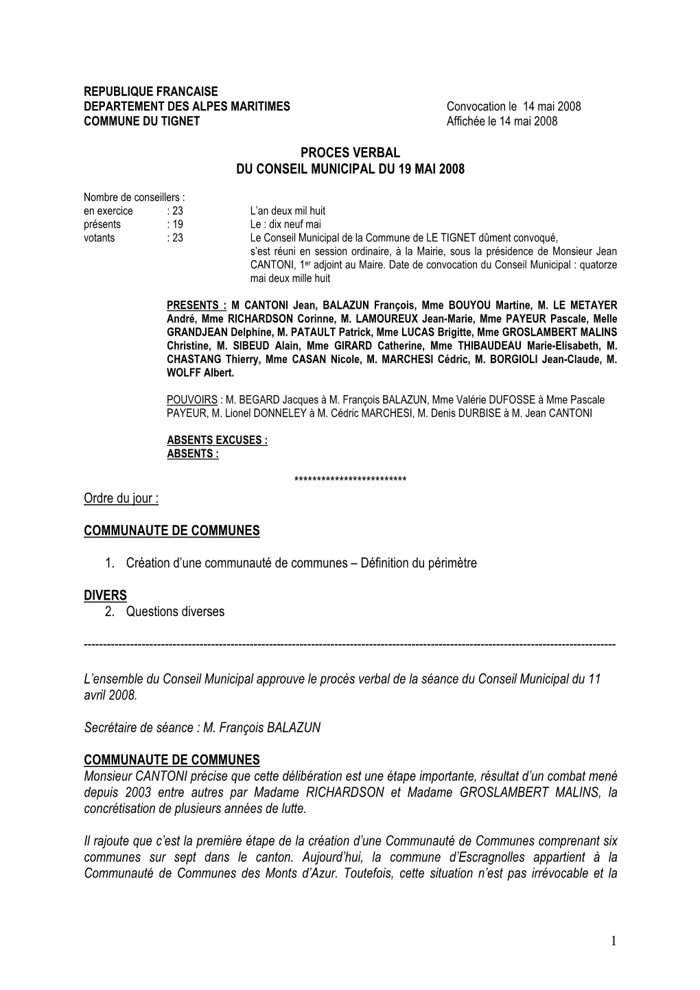 Proces Verbal Du Conseil Municipal Du 19 Mai 2008