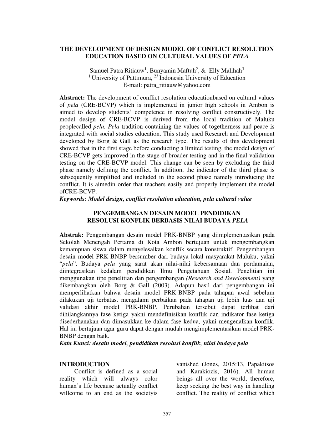 The Development of Design Model of Conflict Resolution Education Based on Cultural Values of Pela