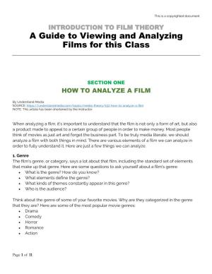 A Guide to Viewing and Analyzing Films for This Class