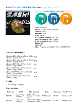 Sash! Ecuador 2009 UK-Remixes Mp3, Flac, Wma