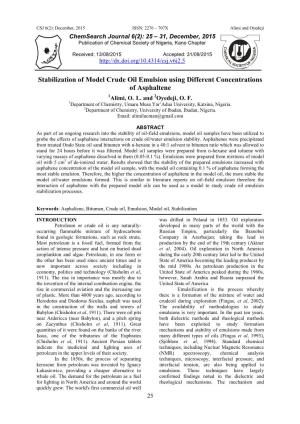 Stabilization of Model Crude Oil Emulsion Using Different Concentrations of Asphaltene