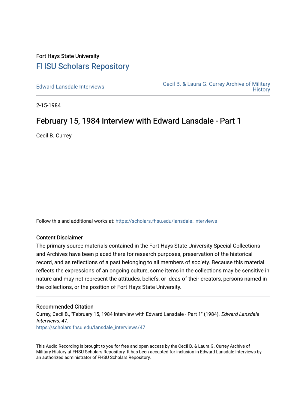 February 15, 1984 Interview with Edward Lansdale - Part 1