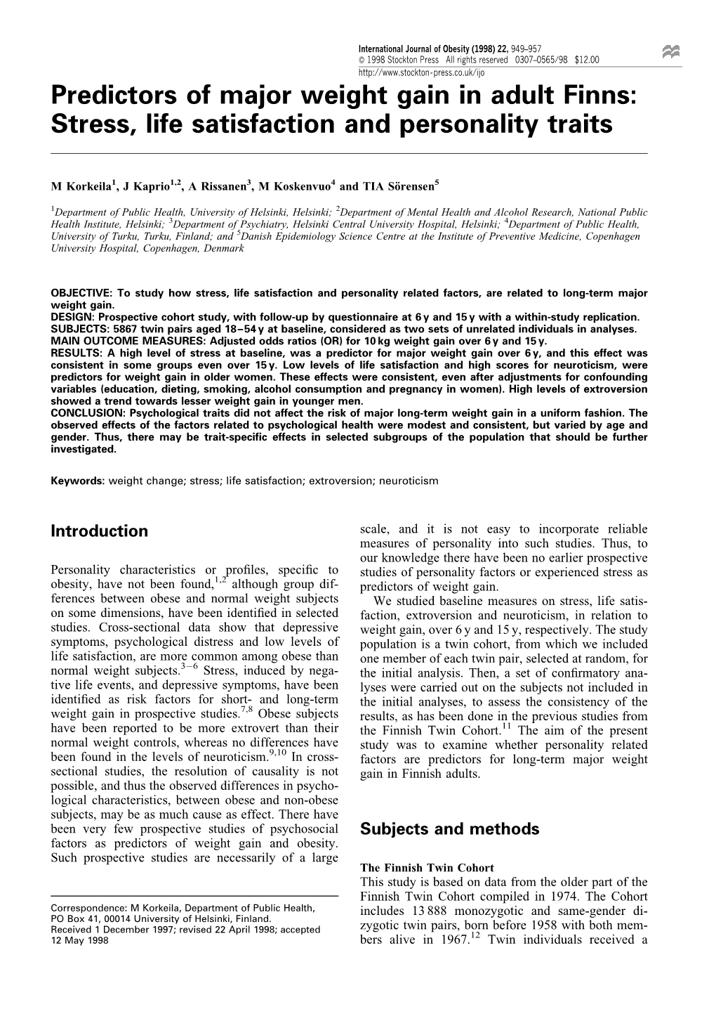 Predictors of Major Weight Gain in Adult Finns: Stress, Life Satisfaction and Personality Traits