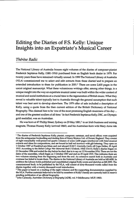Editing the Diaries of F.S. Kelly: Unique Insights Into an Expatriate's Hiusical Career