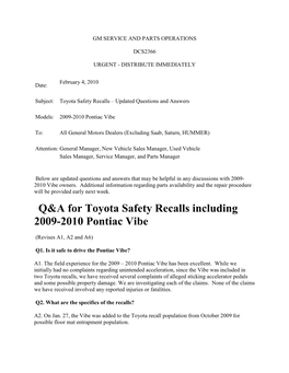 Q&A for Toyota Safety Recalls Including 2009-2010 Pontiac Vibe
