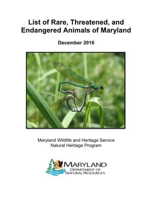 List of Rare, Threatened, and Endangered Animals of Maryland