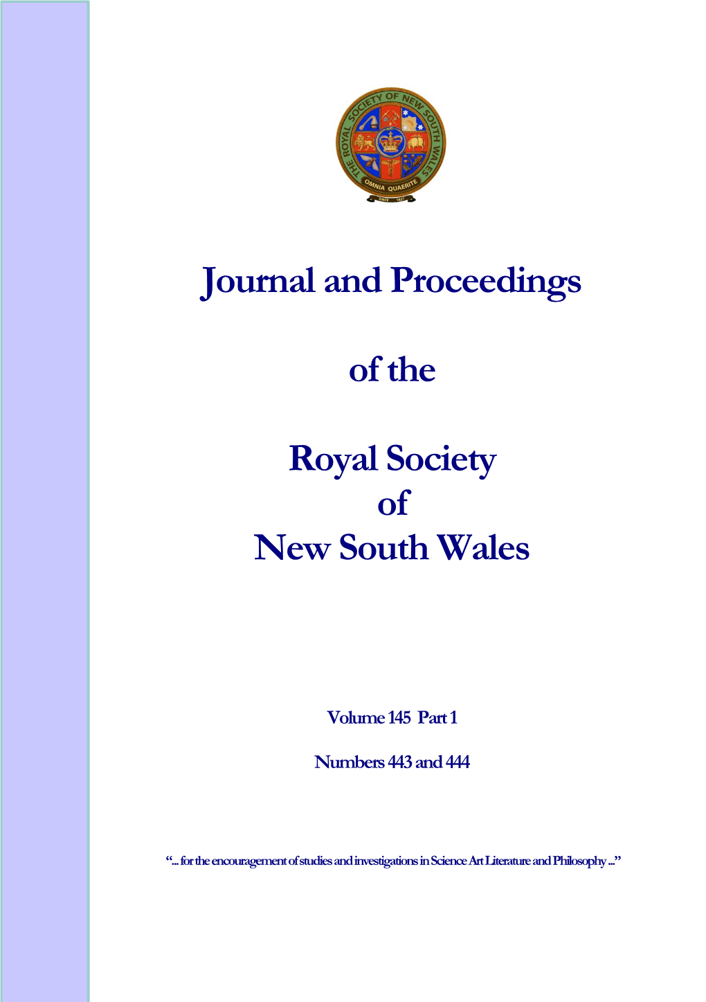 JOURNAL and PROCEEDINGS of the ROYAL SOCIETY of NEW SOUTH WALES ISSN 0035-9173/12/01 Journal and Proceedings of the Royal Society of New South Wales, Vol